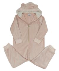 Růžová chlupatá kombinéza s kapucí s oušky
