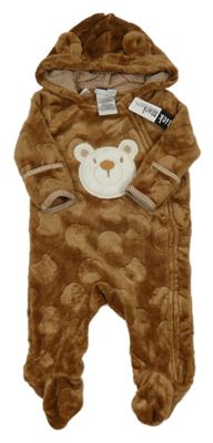 Nové - Hnedá chlpatá kombinéza s medveďmi a kapucňou MickMack