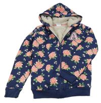 Tmavomodrá květovaná zateplená propínací mikina s písmenem a kapucí Pocopiano