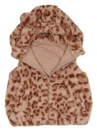 Staroružová kožušinová podšitá vesta s leopardím vzorom a kapucňou Nutmeg