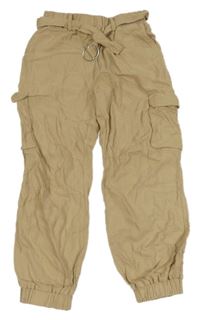 Pískové lněné cargo cuff kalhoty s páskem