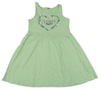 Zelené bavlnené šaty so srdcem z květin a nápisom