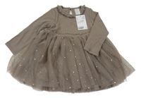Nové - Hnědé žebrovano/tylové šaty se srdíčky H&M