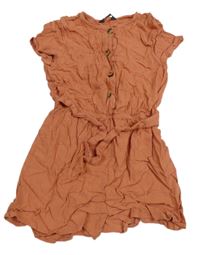 Cihlový lehký kraťasový lněný overal s páskem Primark
