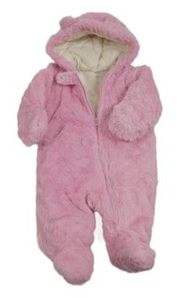 Ružová chlpatá zateplená kombinéza s kapucňou