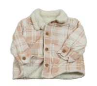 Bielo-ružová kockovaná zateplená košeľová bunda Tu