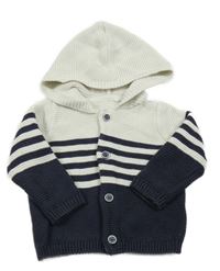 Smetanovo-tmavomodrý pruhovaný propínací svetr s kapucí Tu