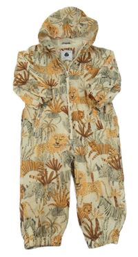 Béžová šusťáková jarní kombinéza se zvířaty a kapucí