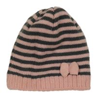 Šedo-růžová pruhovaná pletená podšitá čepice s mašlí 