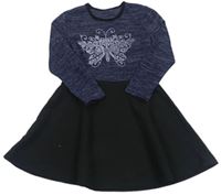 Tmavomodro-čierne melírované šaty s motýlom