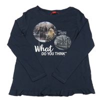 Tmavomodré tričko s obrázkami a nápismi S. Oliver