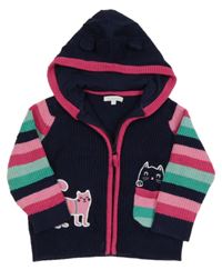 Tmavomdoro-růžovo-zelený propínací svetr s kočičkami a pruhovanými rukávy a kapucí Bluezoo