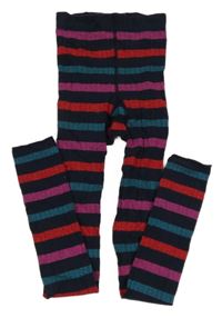 Tmavomodro-ružovo-petrolejovo-červené pruhované trblietavé punčocháčové legíny Tchibo