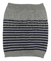 Sivo-tmavomodrá pletená pruhovaná zateplená trblietavá sukňa