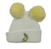 Bílo-žlutá čepice s králíčkem a bambulemi 