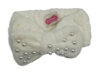 Smetanová plyšová kosmetická čelenka s mašlí s perlami 