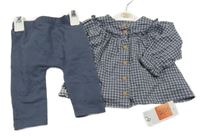 Nové - 2set - Šedomodro-bílá kostkovaná halenka + legíny George