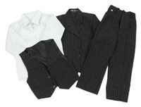 4set - Biela košile + čierna pruhovaná vesta + čierne pruhované sako + nohavice
