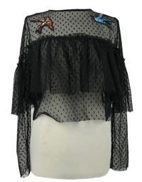 Dámská černá tylová crop halenka s ptáčky Bershka 
