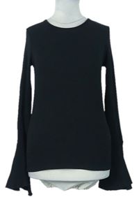 Dámske čierne rebrované tričko s rozšířenými rukávy Zara