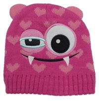 Neonově růžová čepice se srdíčky a příšerkou 