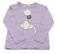 Nové - fialové puntíkaté pyžamové triko s kočkou