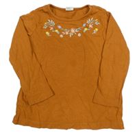 Hnedé tričko s výšivkami květin ALANA