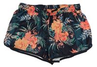 Tmavomodré šušťákové kraťasy s kvetinami Decathlon