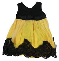 Žlto-čierne tylovo/krajkové šaty
