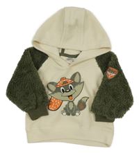 Světlebéžovo-kaki-fleecovo/chlupatá mikina s líškou a kapucňou Ergee