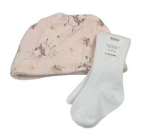 2set - svetloružová čapica s myškami + biele ponožky