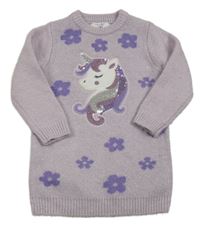 Levandulové třpytivé svetrové šaty s jednorožcem z flitrů Primark