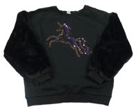 Černá mikina s jednorožcem a chlupatými rukávy Tu