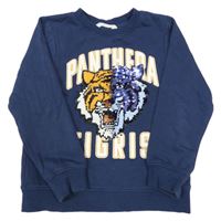 Tmavomodrá mikina so lvem z flitrů a nápisem H&M