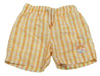 Oranžovo-světežluto-biele kockované plážové kraťasy s nášivkou PRIMARK