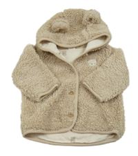 Béžová huňatá podšitá bunda s medvedíkom a kapucňou s uškami H&M