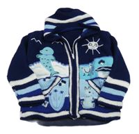 Tmavomodro-modro-zafírový pletený prepínaci sveter s obrázkami a pruhmi a kapucňou