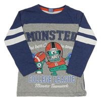 Šedo-tmavomodré melírované triko s příšerkami a nápisy a číslem a pruhy Kiki&Koko