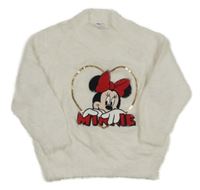 Bílý chlupatý svetr s Minnie a zlatým srdíčkem z flitrů C&A