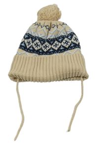 Světlebéžovo-tmavomodrá pletená zavazovací čepice se vzorem a bambulí so cute