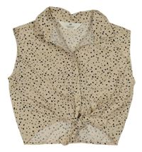 Světlebéžovo-černá vzorovaná crop letní halenka s uzlem H&M