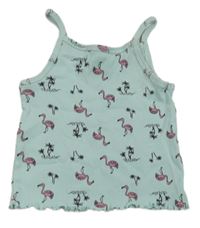 Svetlomodrý rebrovaný crop top s plameňáky a palmami Kiki&Koko