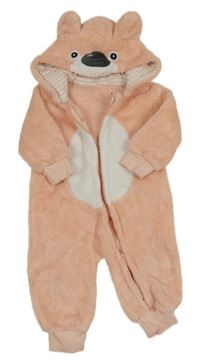 Ružovo-biela chlpatá kombinéza s kapucí - medvěď Shein