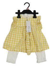 Nové - 3set - Žluto-bílá kostkovaná halenka + bílé legíny + kostkovaná čelenka F&F