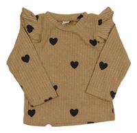 Hnědé žebrované úpletové triko se srdíčky a volánky Shein