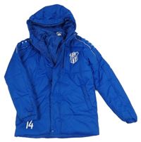 Modrá šusťáková zimní bunda s potiskem a kapucí Jako