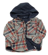 Šedo-červeno-tmavomodrá kostkovaná podšitá košile s teplákovou kapucí Next