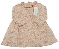 Nové - Ružové kvetované bavlnené šaty so zvířaty a volánem F&F