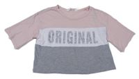 Svetloružová -bielo-sivé crop tričko s nápisom H&M