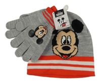 Nové - 2set - Šedo-červená čepice s Mickeym + prstové rukavice Disney